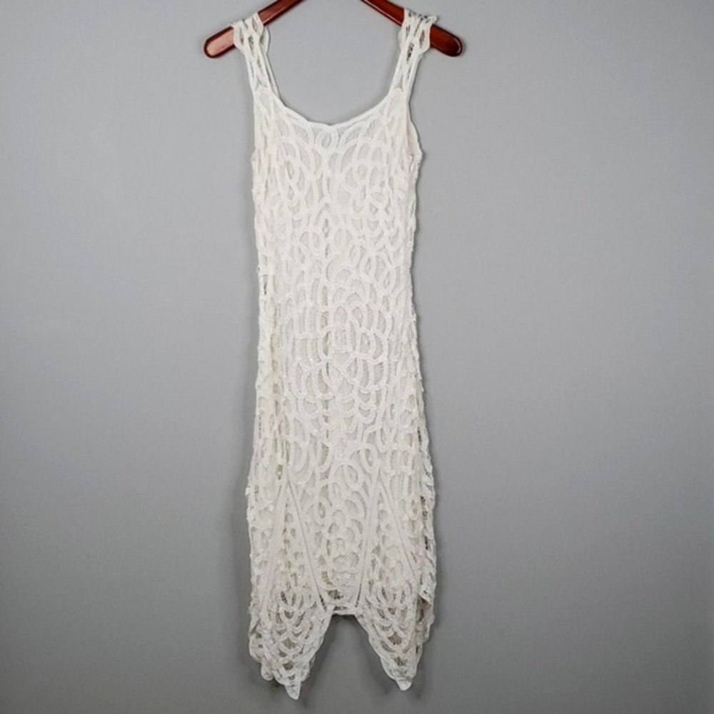 {WHBM} White V-back Lace Beaded Lined Slip Dress